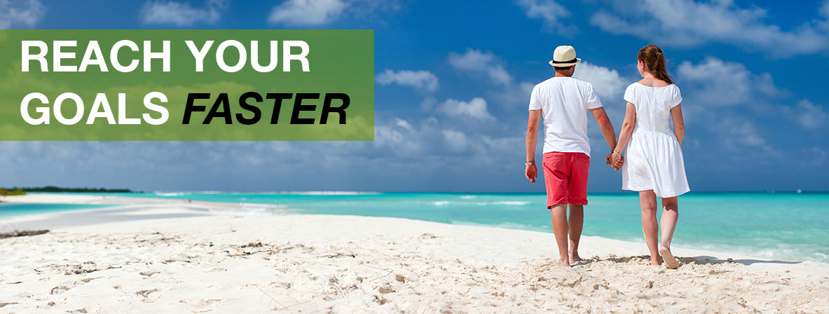 a young couple walks along the beach holding hands. The text on the image reads "Reach your goals faster"