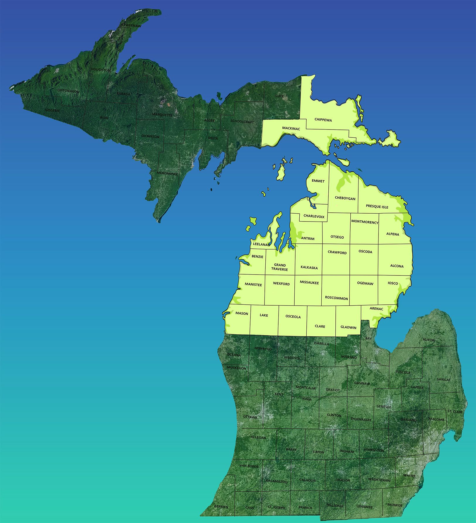 Map of Michigan USA showing new counties included in field of membership