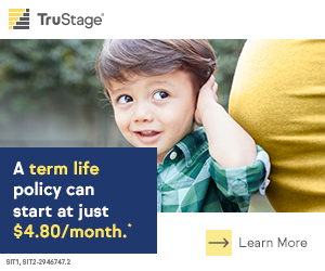 a young child stands in front of their pregnant mother and holds one hand to their ear. The TruStage logo is at the top of the image, the text at the bottom of the image reads "A term life policy can start at just $4.80/month" you can click on the image to learn more and it will take you to trustage.com